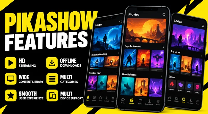 Original illustration of PikaShow browsing and playback features
